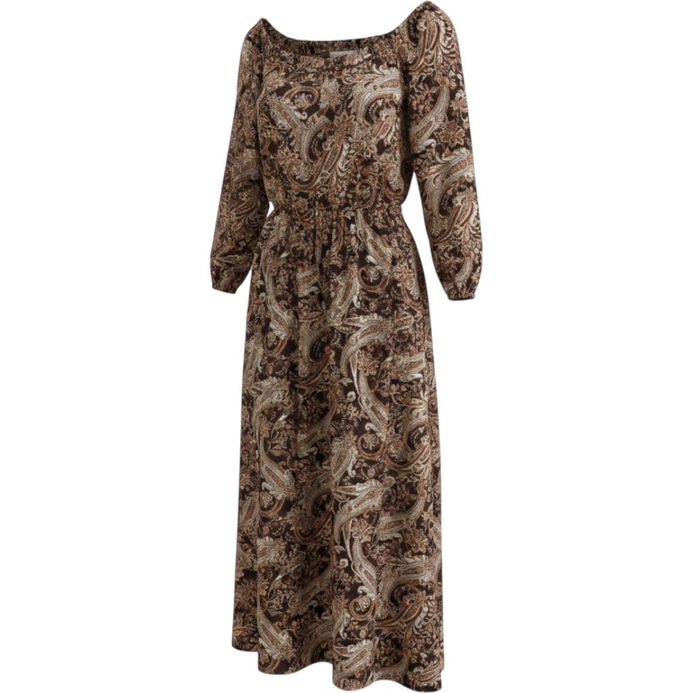 Boho By The River Paisley Smocked Maxi Dress Large Brown Long Sleeve Cottagecore